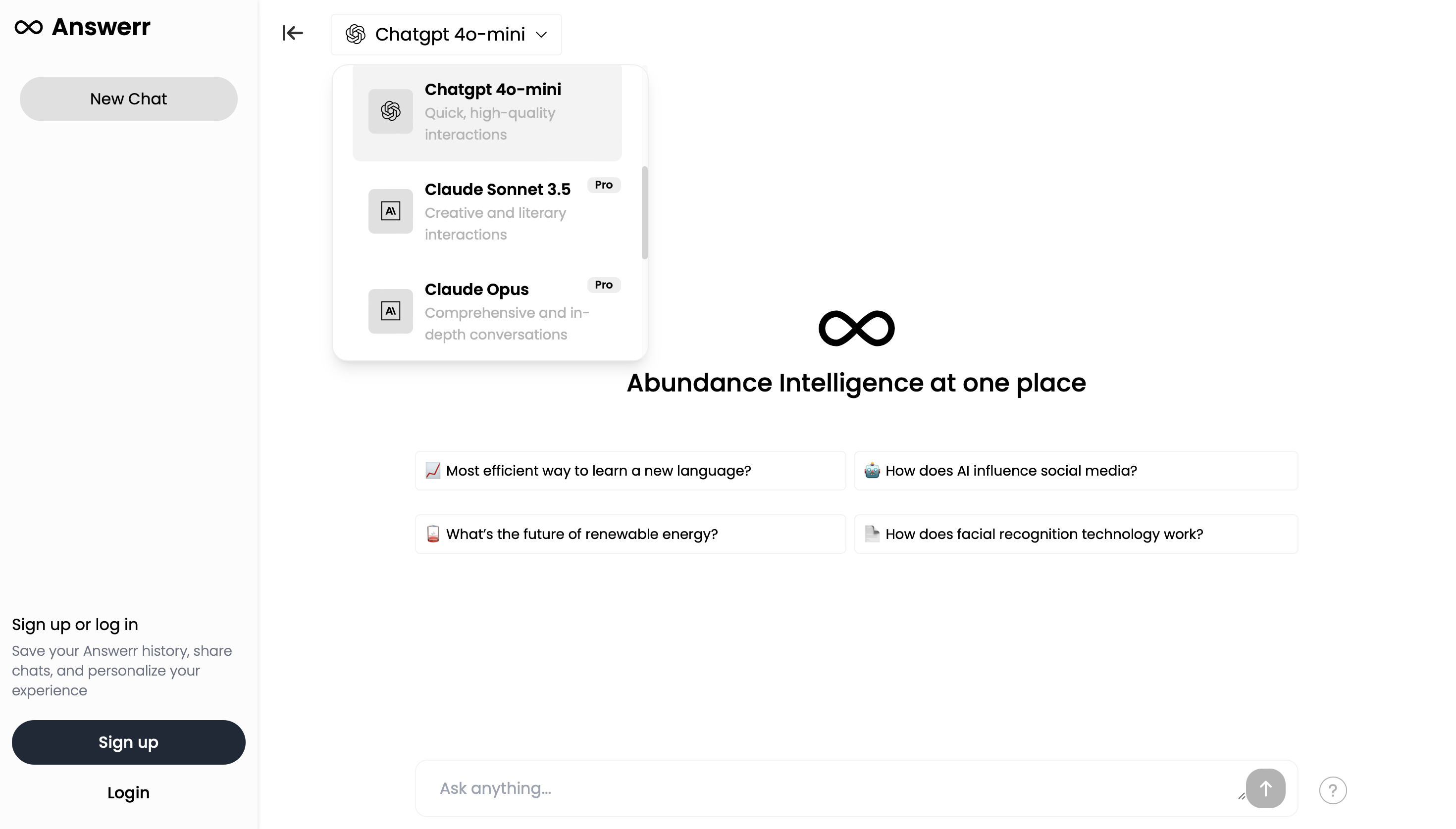 Answerr dashboard screenshot highlighting real-time search capabilities and AI model integration